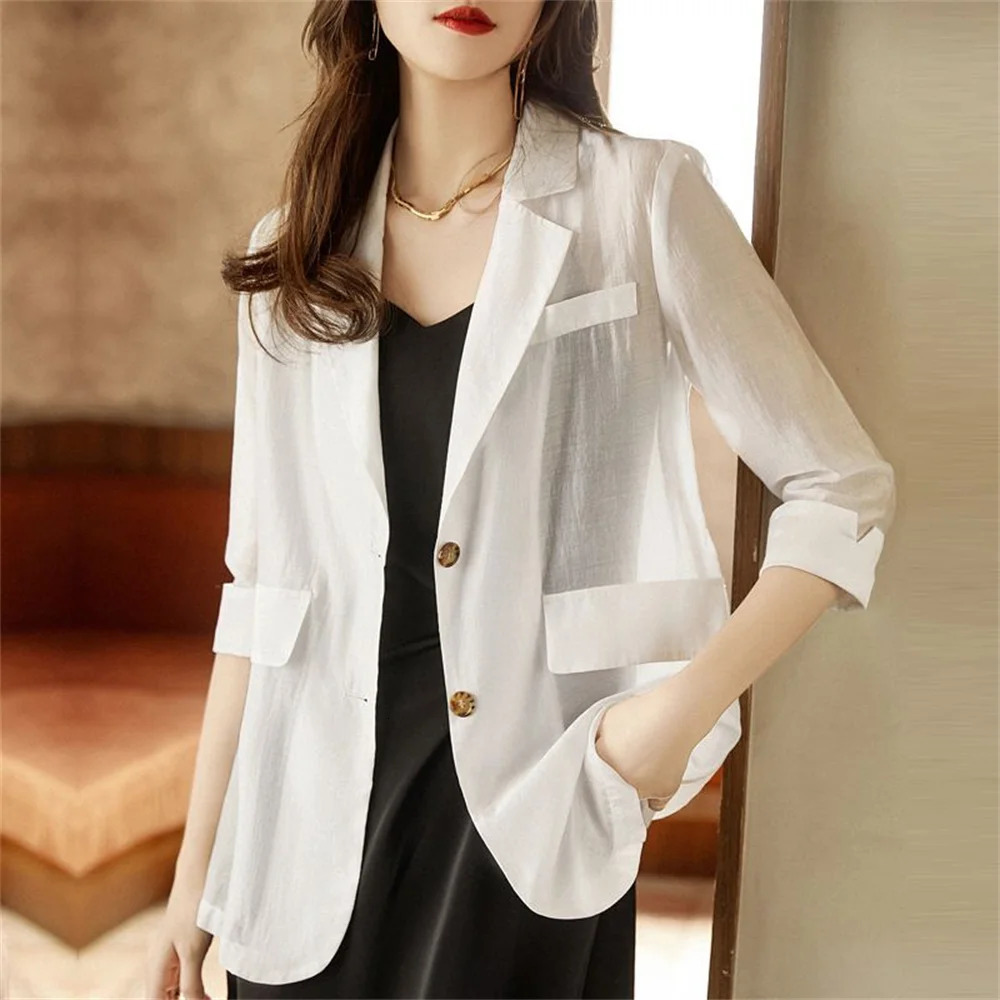 Spring Summer Thin Casual Style Suit Solid Color Loose Women Fashion Blazer 34 Sleeve Chiffon Oversize Coat 250213