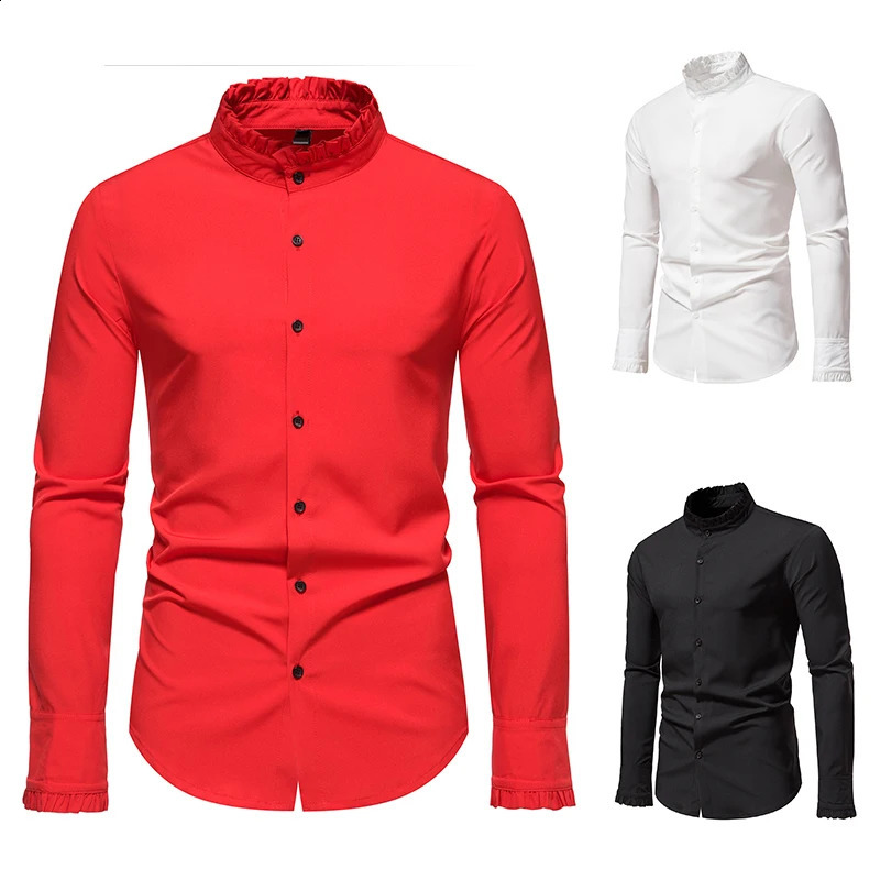 Men Long Sleeve Shirts Double Breasted Henry Collar Mens Dress Shirts Casual Male Clothes Chemise Shirt Homme Shirt S42 250214