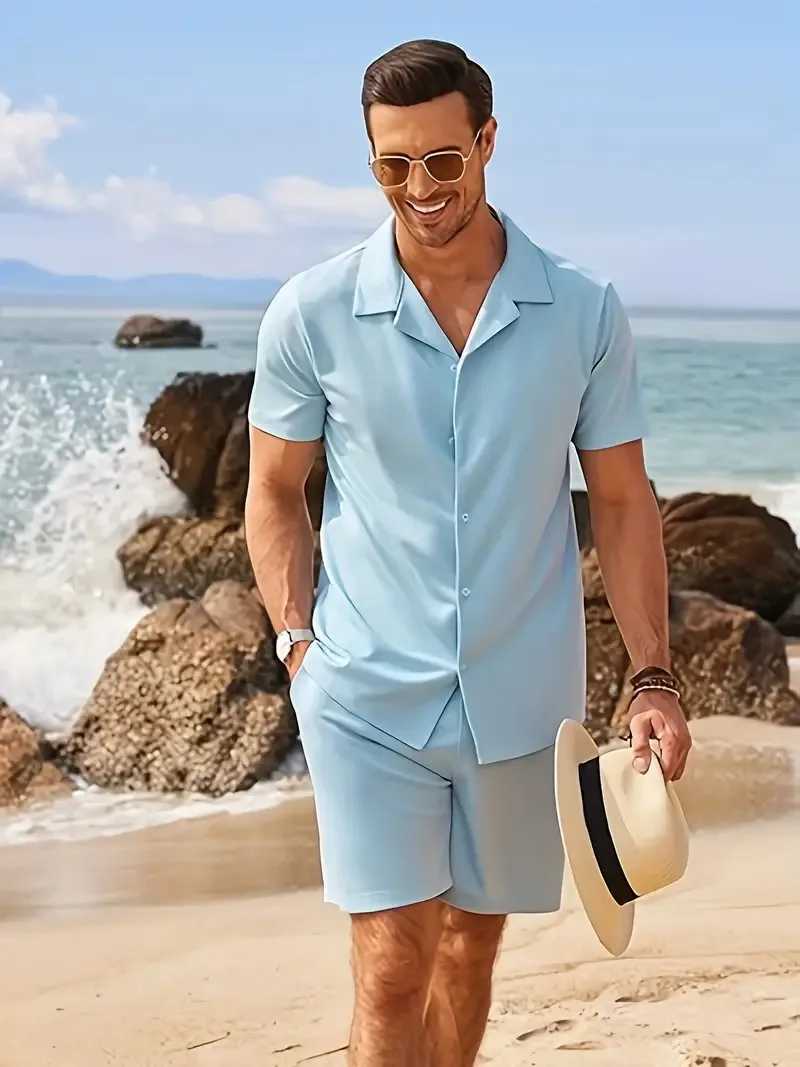 Summer Mens Shirt Suit Simple Solid Beach Short Sleeve Casual Lapel Shirt Oversized Beach Shorts Hawaii Suit ClothingXJ250218