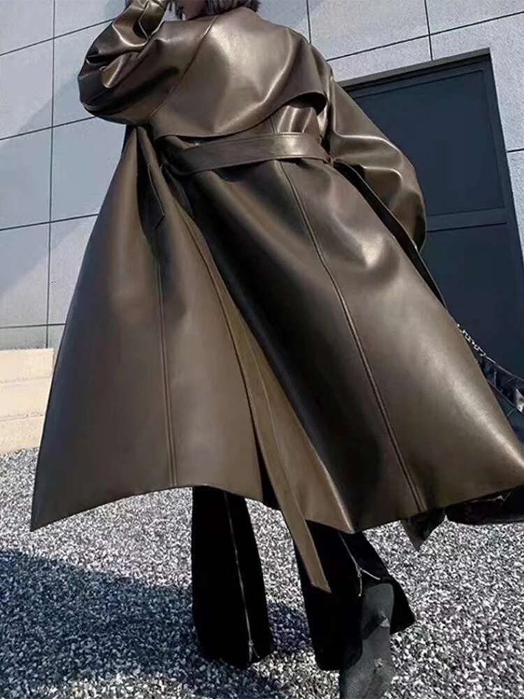 Oversized Leather Trench Coat For Women Long Sleeve Lapel Loose Lady Jacket With Belt Autumn New Vintage Streetwear