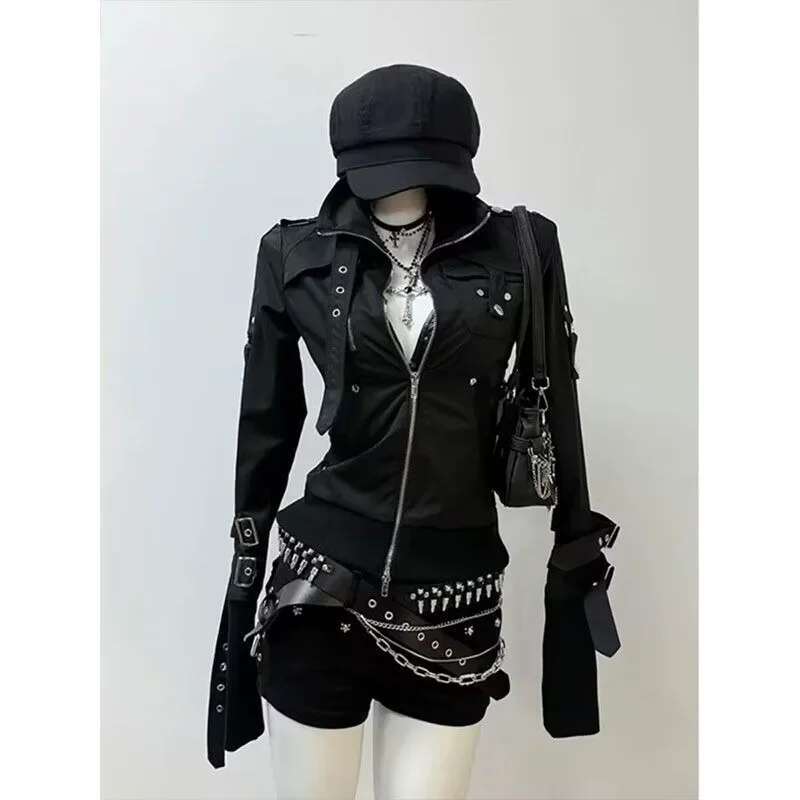 Goth Style Hip Hop Hoodies Punk Retro Moto Biker Coat Vintage Y2k Jacket Stand Collar Casual Black Outwear 2025 Spring