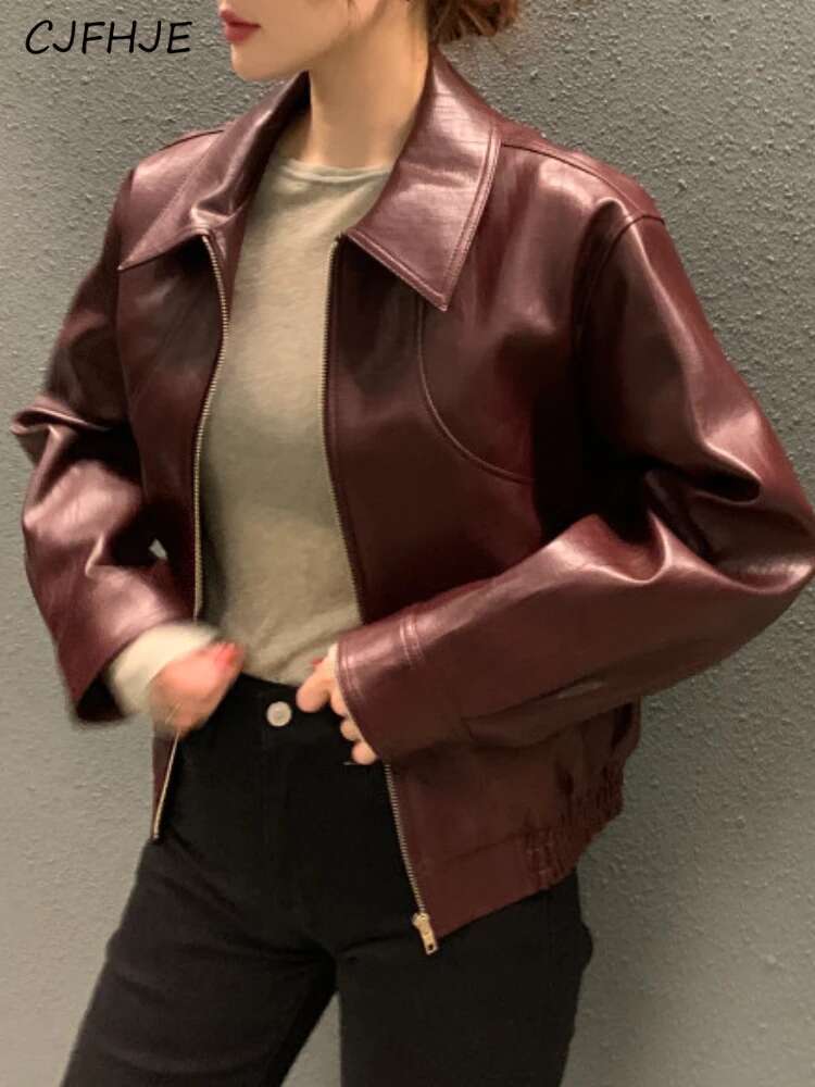 CJFHJE Fashion Trench Jackets Women Streetwear Moto Biker Zipper Jacket Casual High Street Cropped Leather Coats