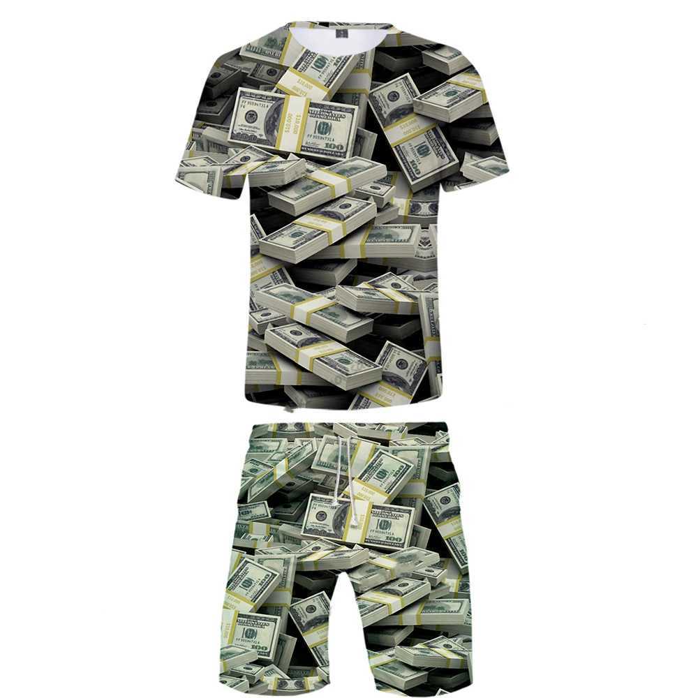Men Sets Summer United States Dollar 3D Printed Shorts T-shirt Outfits Male Casual Hip Hop Creative Money Shorts 2Piece SuitXJ250218