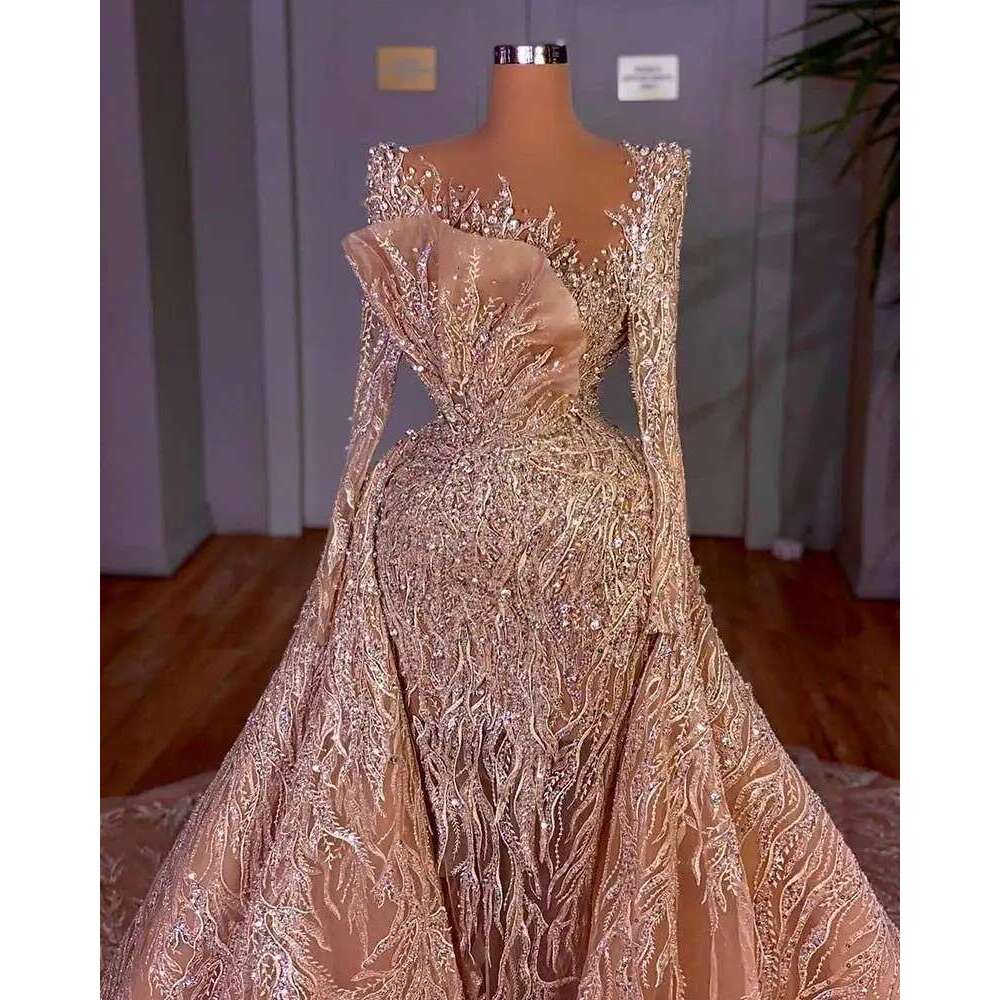 Gorgeous Evening Dresses Mermaid Crystal Sequins Detachable train Long Sleeve Prom Gown Party Dress Vestido De Noite Customized