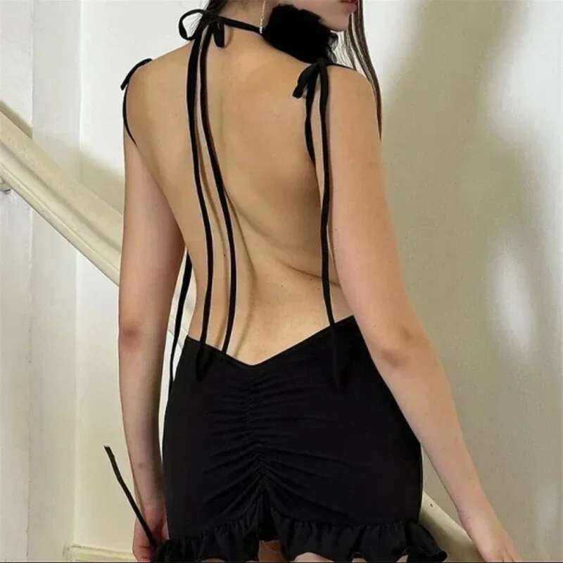 Summer Sexy Mini Women Sleeveless Streetwear Strap Backless Bodycon Folds Split Dress Party Club Elegant A-E Dresses