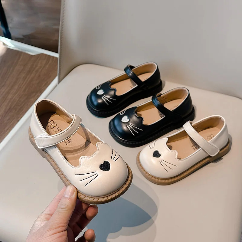 Toddler Girls Leather Shoes Cat Cartoon Lovely Black Beige Kids Flat Shoe Pu Leather Chic Hook-loop Soft Children Mary Janes 250219