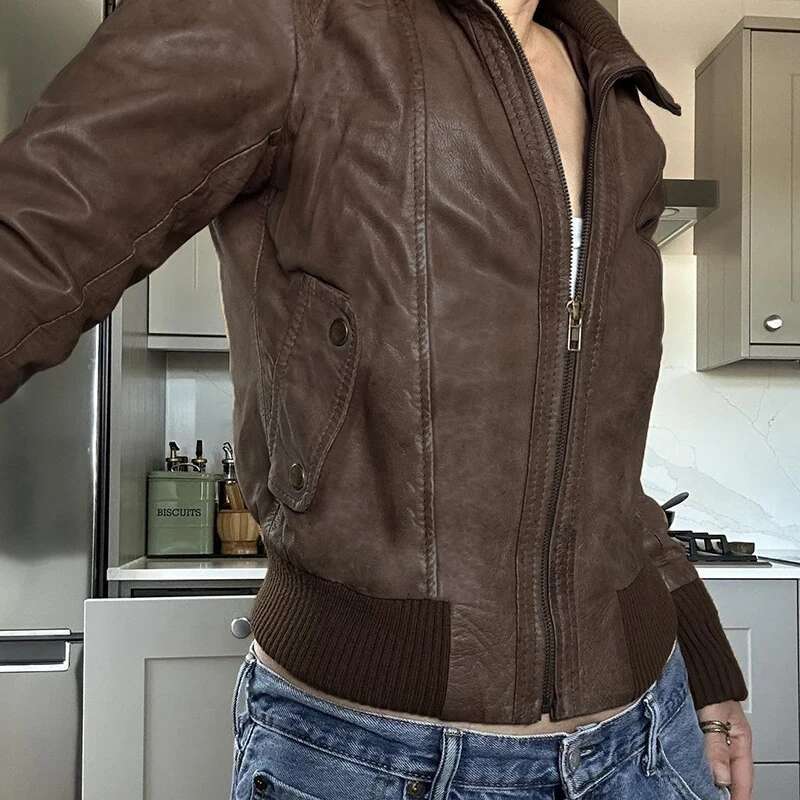 HEYounGIRL Faux Leather Women Brown Jacket Vintage Fashion Autumn Streetwear Zipper Coat Casual Y2K Motorcycle Style Outwear