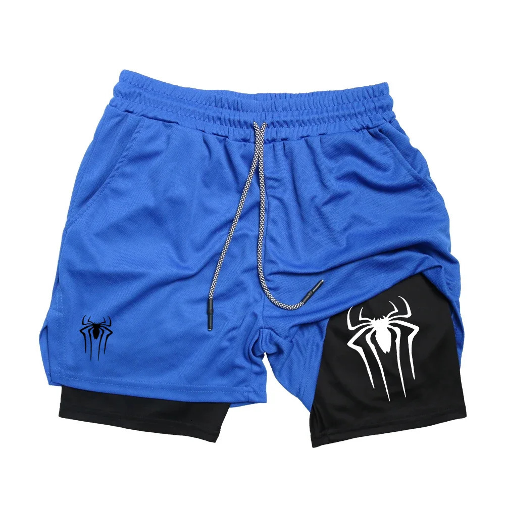 2024 Shorts for Men Summer Spider Printed GYM Casual Sports Compression Workout Running Mesh 2 in 1 Sport Short Pants 250219