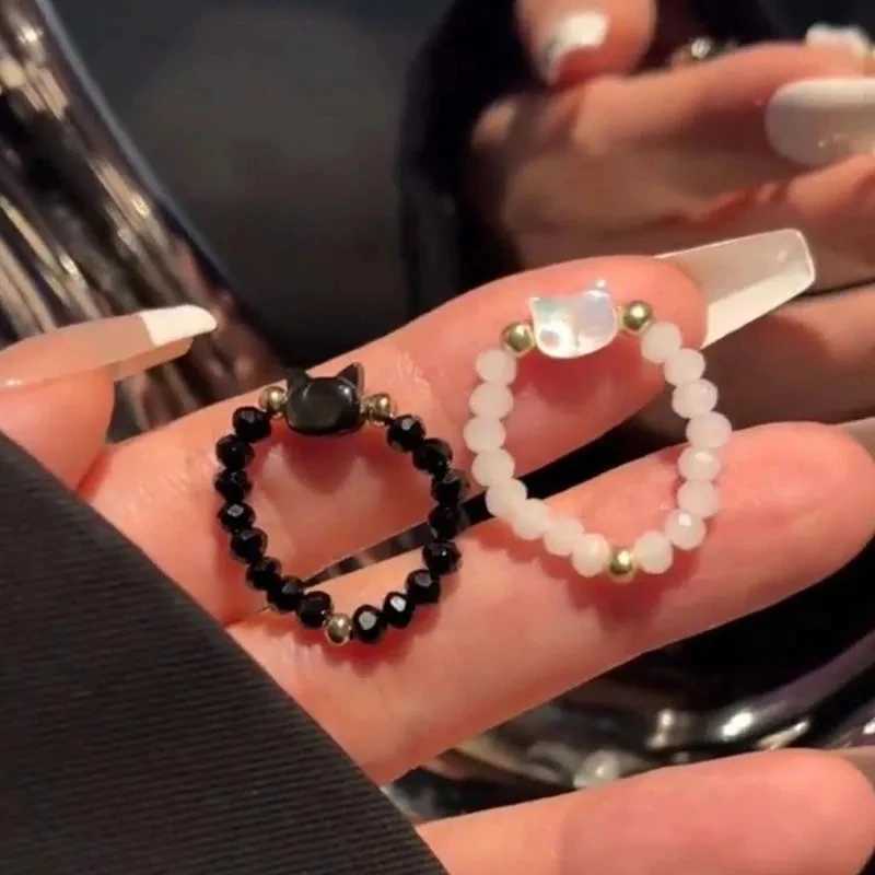 1pcs Natural Moonstone Obsidian Rings Beads Minimalist Fidget Ring Cute Black White Cat Ring Women Men Party Accessories JewelryXJ250219