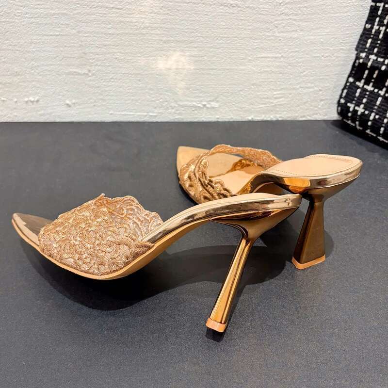 Summer Handwork Embroidery Hemp Women Slippers Sandals Sexy Pointed Toe Mules Party Heels Slides Shoes atos De Mujer