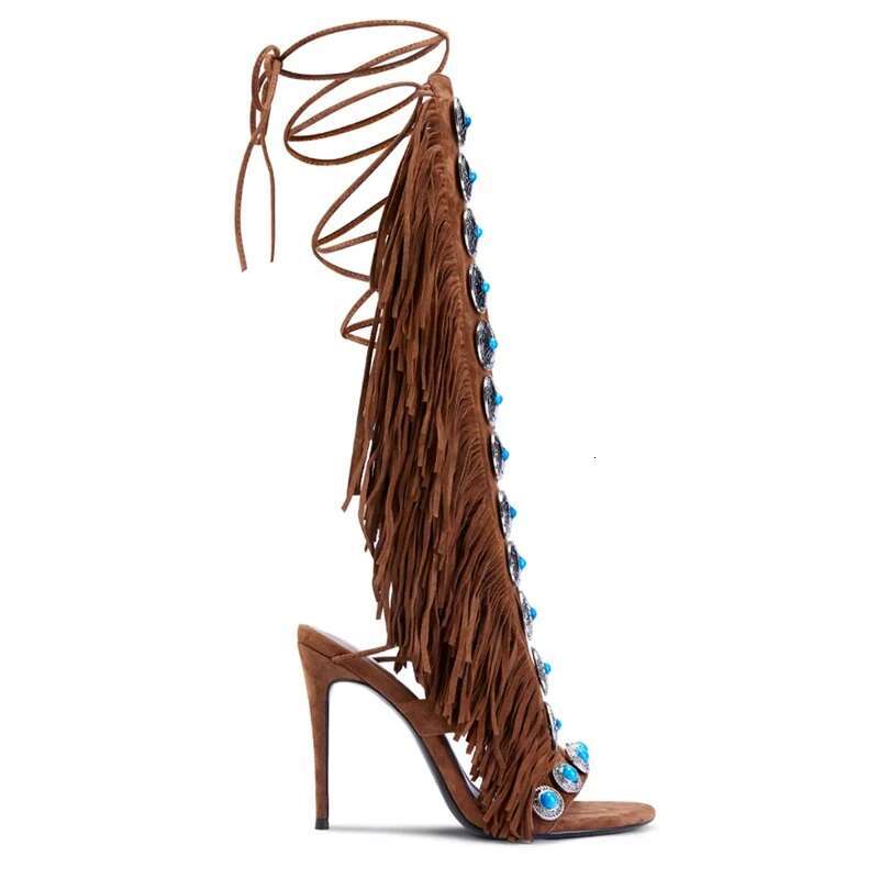 Sexy tassel women sandals peep toe jewel lace up high heels