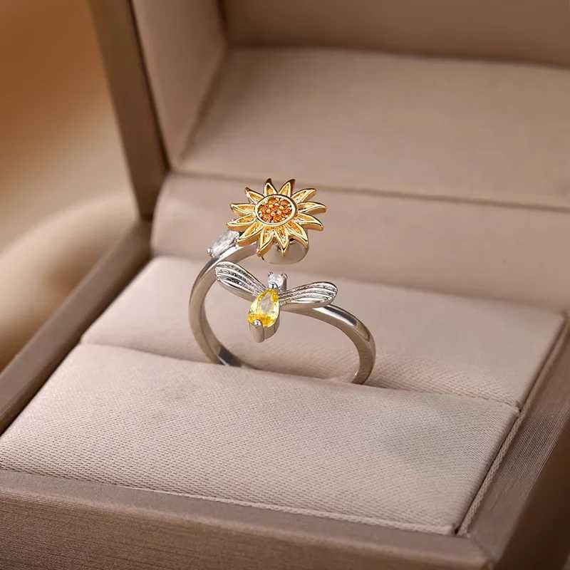 Anti Stress Anxiety Fidget Rings for Women Stainless Steel Sunflower Sun Star Spinner Ring Christmas Jewelry Gifts DropshippingXJ250219