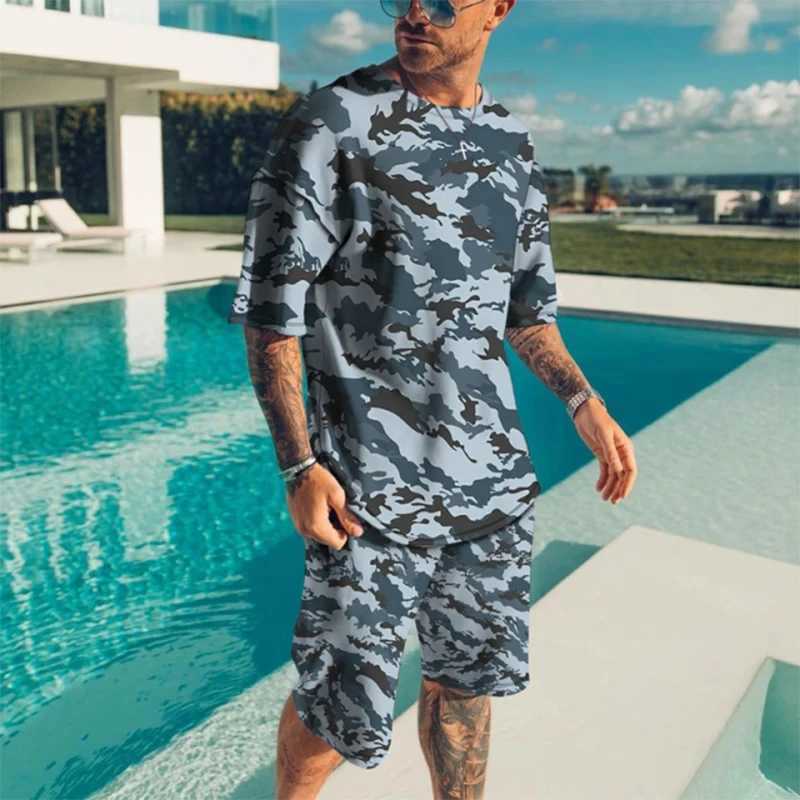 Mens T-shirt Sets 3D Print Camouflage Tracksuit T Shirts Shorts 2 Pieces New Streetwear Oversized Suits Sportswear Man ClothingXJ250218
