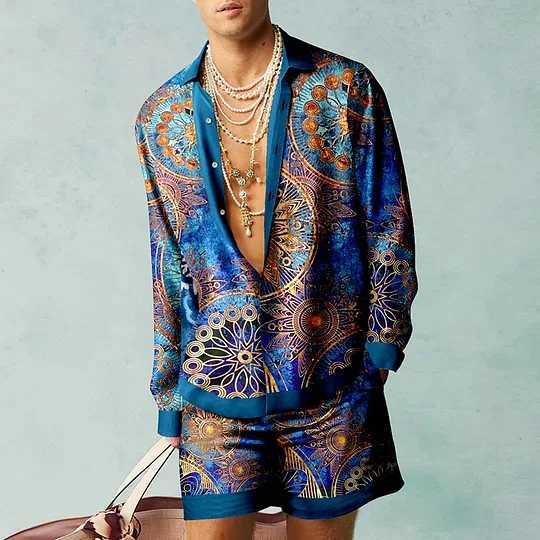 Hawaii Beach Set Mens Casual Outdoor 3D Koi Print Abstract Long Sleeve Shirt 2-piece Set Breathable Wide Beach Shorts SetsXJ250218