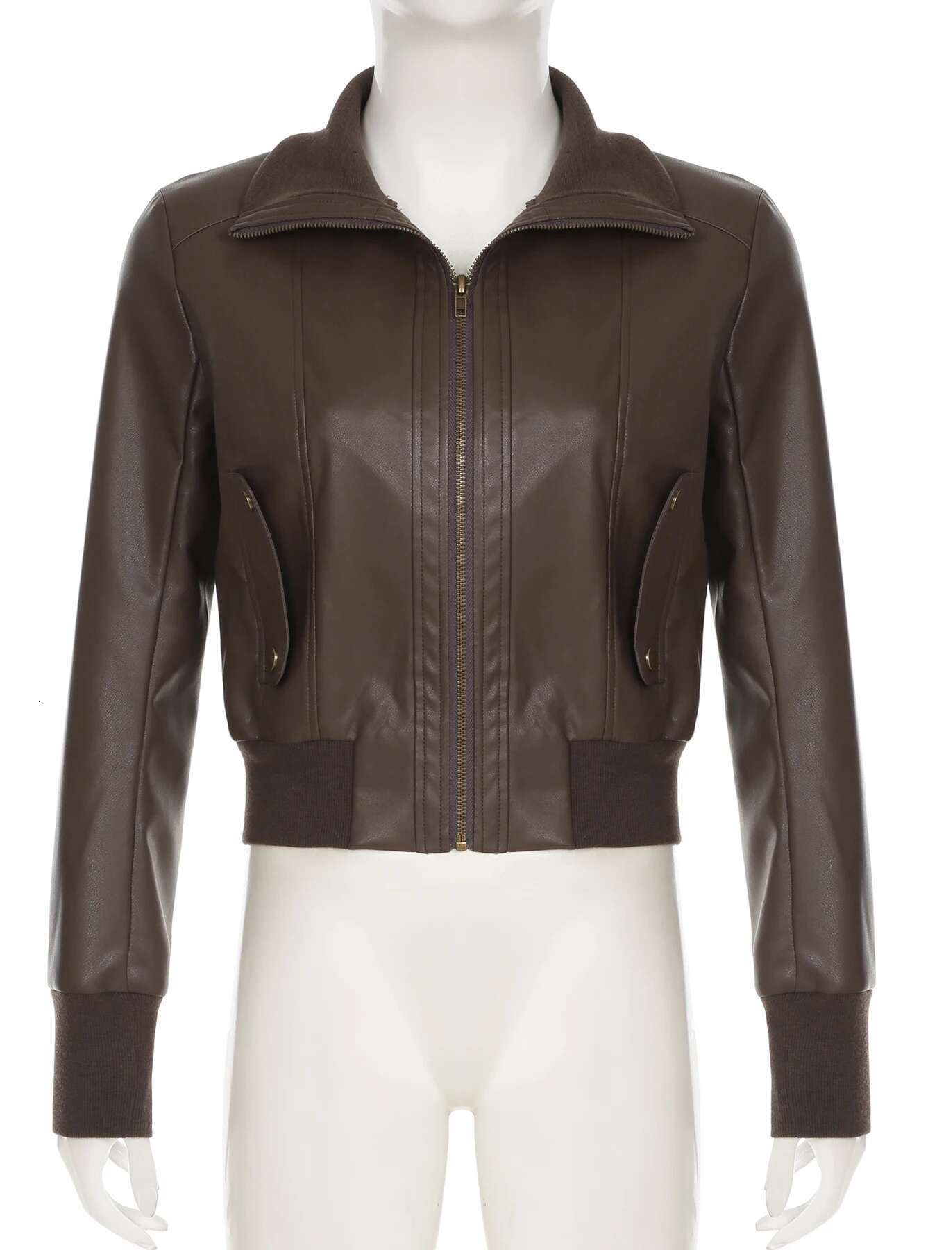 IAMSURE Safari Style Big Pockets Jackets Casual Pu Leather Turn-Down Collar Long Sleeve Coats Women 2024 Autumn Winter Fashion