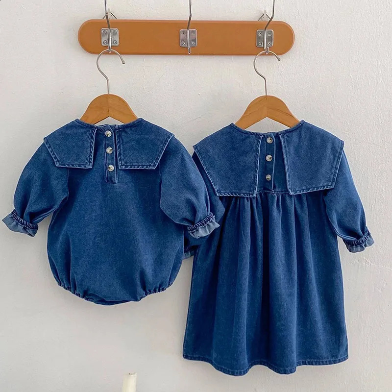 Autumn Sister Dress 2-6Yrs Girl Party Dress Long Sleeved Solid Color Denim Baby Girl Romper Kids Princess Dresses 250219