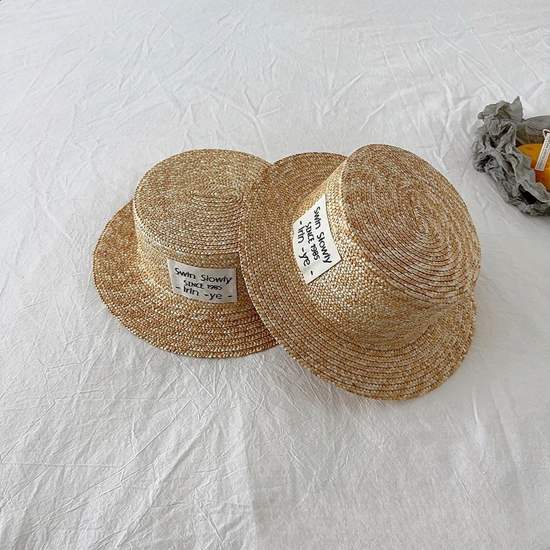 Summer Baby Straw Hat with Big Label Kids Panama Caps Boys Girls Baby Sun Hat Sun Protection Vacation Beach Cap 250219