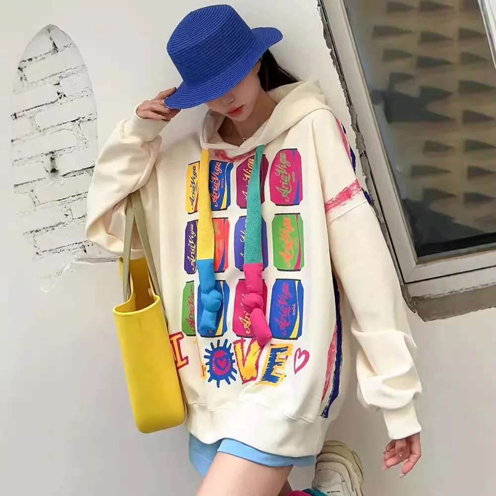 European Goods Graffiti Creative Design Oversized Hooded for Women 2024 Spring Autumn Mid-Length Sweatshirt Hoodie