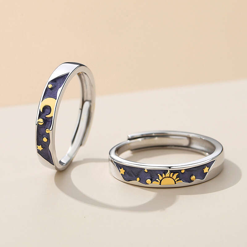 Day night longing couple ring, pure silver pair men women, sun and moon rings, niche birthday gift for girlfriend