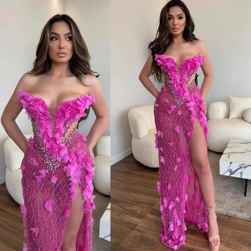 Fuchsia Mermaid Prom Dresses 3D Flowers Beading Special Occasion Dress Sexy High Split Evening Gowns Customized
