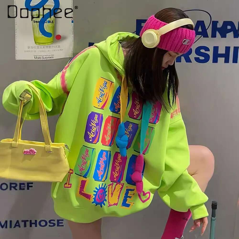 European Goods Graffiti Creative Design Oversized Hooded for Women 2024 Spring Autumn Mid-Length Sweatshirt Hoodie