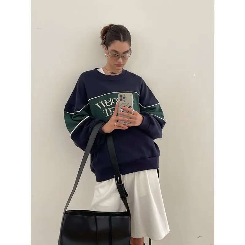 Deeptown Vintage Sweatshirts Women American 90s Retro Preppy Style Pullovers Oversized Aesthetic Casual Female Korean Streetwear