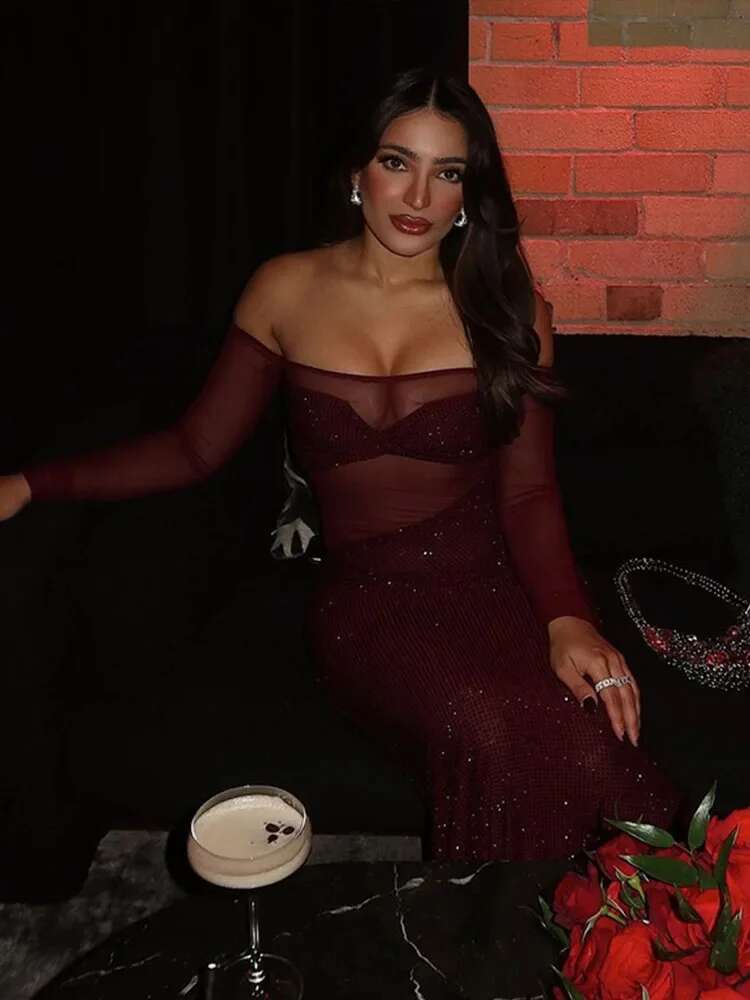 Sexy Sheer Mesh Sequined Long Party Dress Women Off Shoulder Full Sleeve Shiny Female Dresses 2025 Lady Glitter Evening Gowns