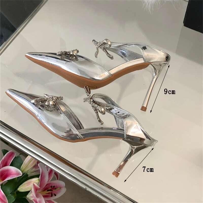 Sexy Design Crystal Butterfly-knot Pointed Toe Women Pumps Mule Shoes Fashion Buckle Strap High Heels Autumn Sandals