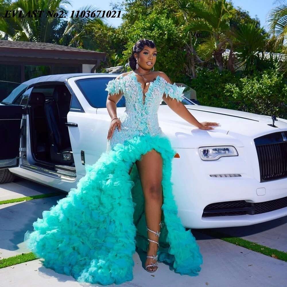 EVLAST Customized Green Ruffles Prom Dress Mermaid Dia Crystal Beaded Black Girl High Slit Evening Party Gown E2P134
