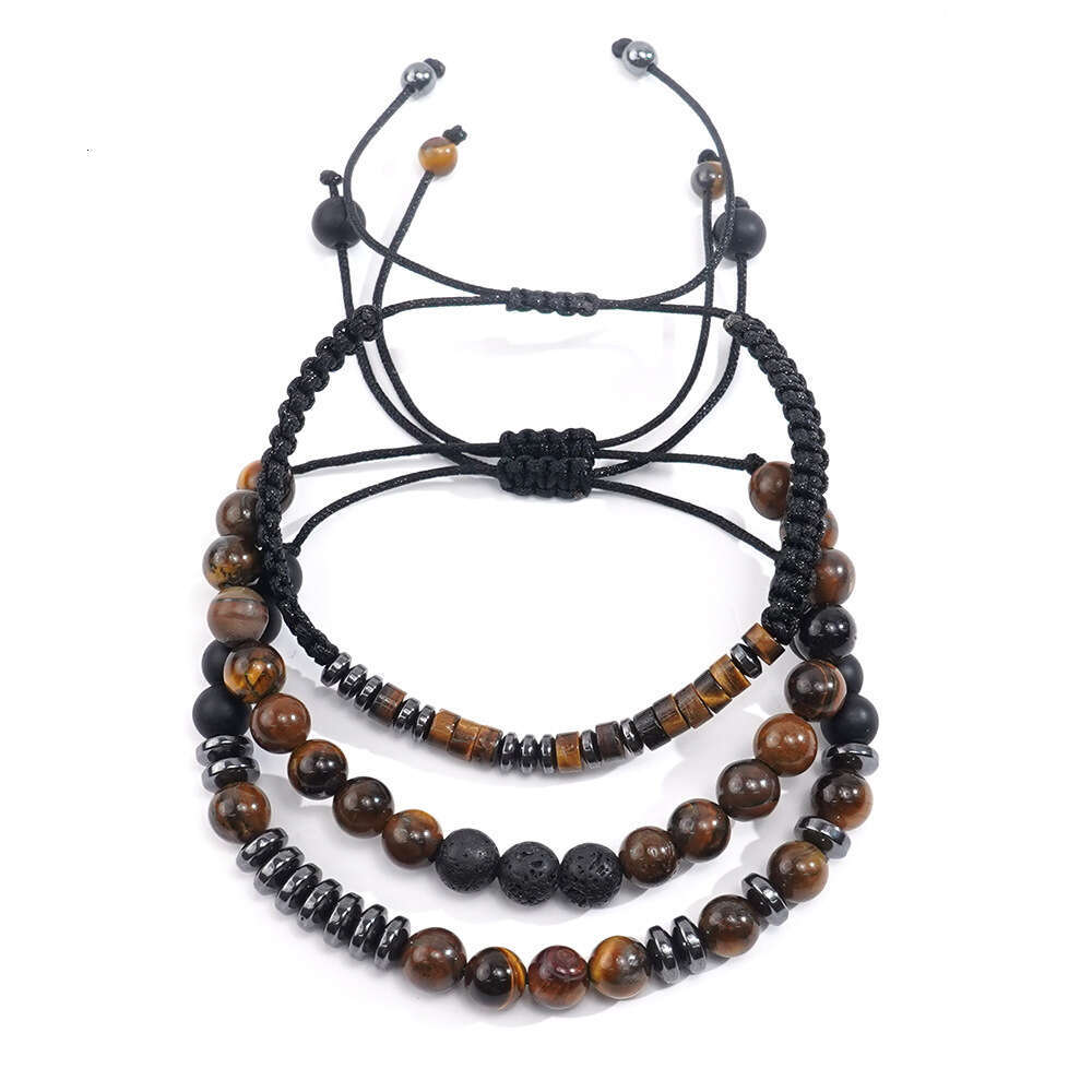 New Tiger Eye Volcanic Natural Stone Beaded Men's Bracelet 3-Piece Set