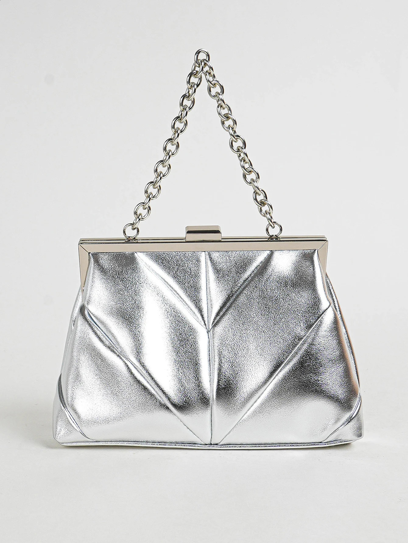 1 PC Matallic PU Leather Elegant Pleated KissLock Closure Evening BagShinny Metal Chain Holder Frame Cross Body Clutch BagKis 250218