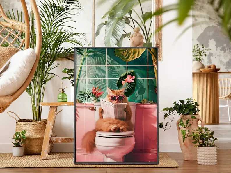 Trendy Bathroom Cat Pooping Reading in The Toilet Canvas Painting Wall Art Print Bathroom This Toilet Decor Y250218