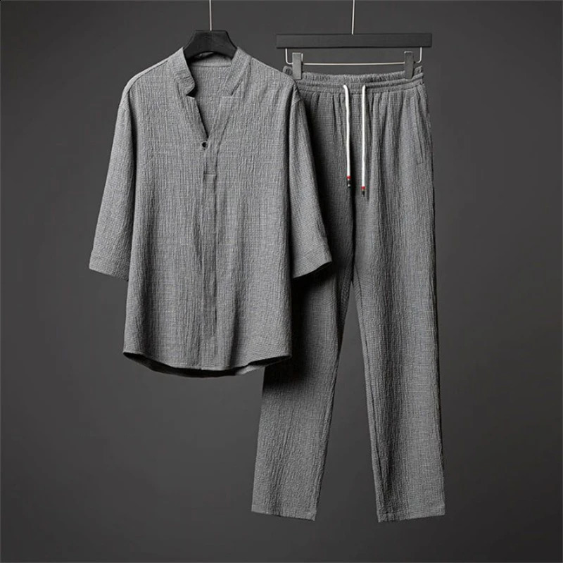 Ice Silk Linen Mens Set Spring Summer Loose Pullover Tops and Elastic Waist Trousers Sport Suits Men Two Piece Sets 250218