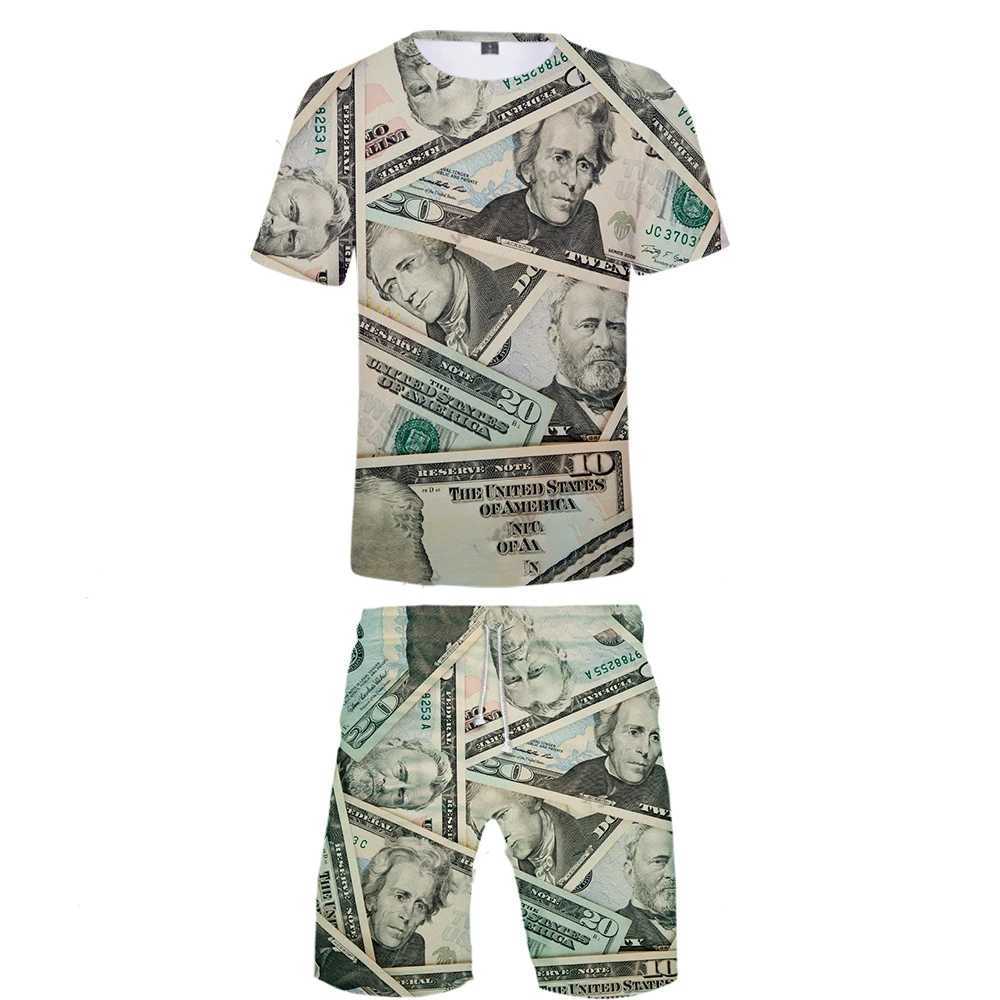 Men Sets Summer United States Dollar 3D Printed Shorts T-shirt Outfits Male Casual Hip Hop Creative Money Shorts 2Piece SuitXJ250218