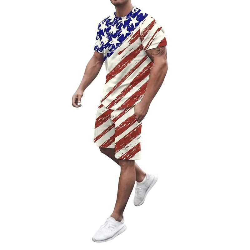 American Flag 3D Print Tracksuit T Shirts Shorts Mens T-shirt Sets USA 2 Pieces Streetwear Males Oversized Suits SportswearXJ250218