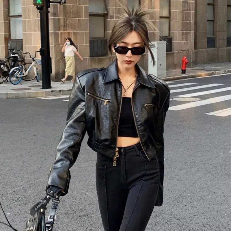 Vintage Pu Leather Motorcycle Bomber Jacket Double Zipper Long Sleeve Streetwear Autumn Short Tops Korean Chic Black Coat