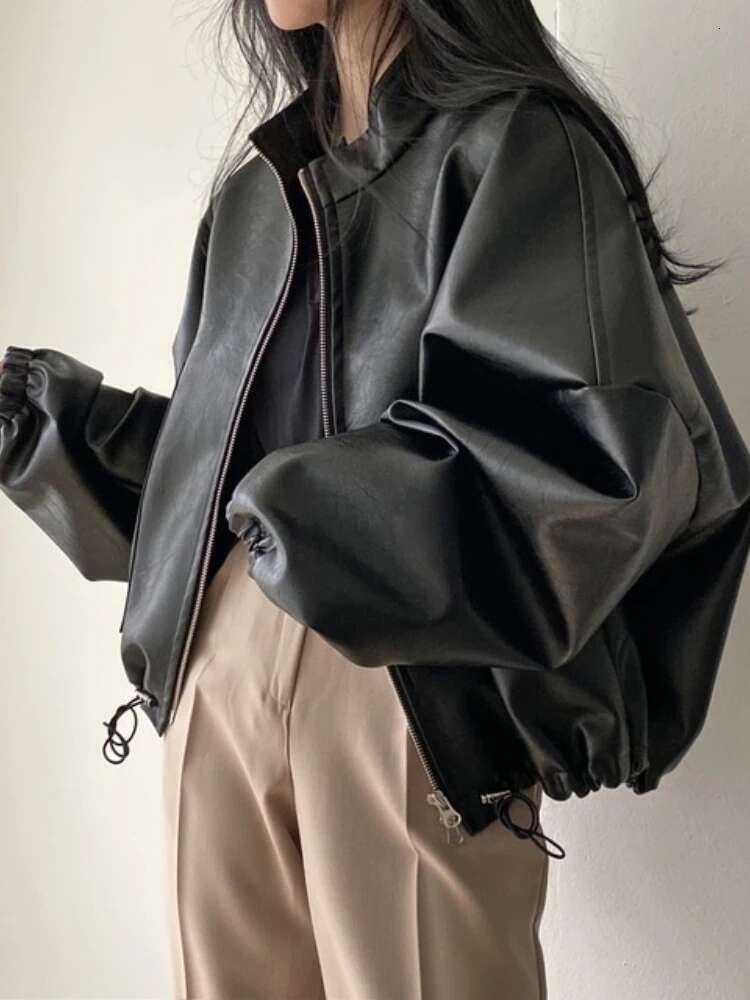 Winter Punk Black Women Outerwear Loose Zipper Cropped Jacket Casual Moto Biker Streetwear Leather Coat