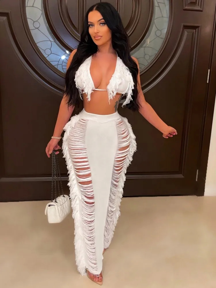 JRRY Sexy Women Knitted Set Halter Backless Crop Top Tassel Skirt Crochet Two Pieces Set Hollow Out Crocheted Beach Dress Set 250218