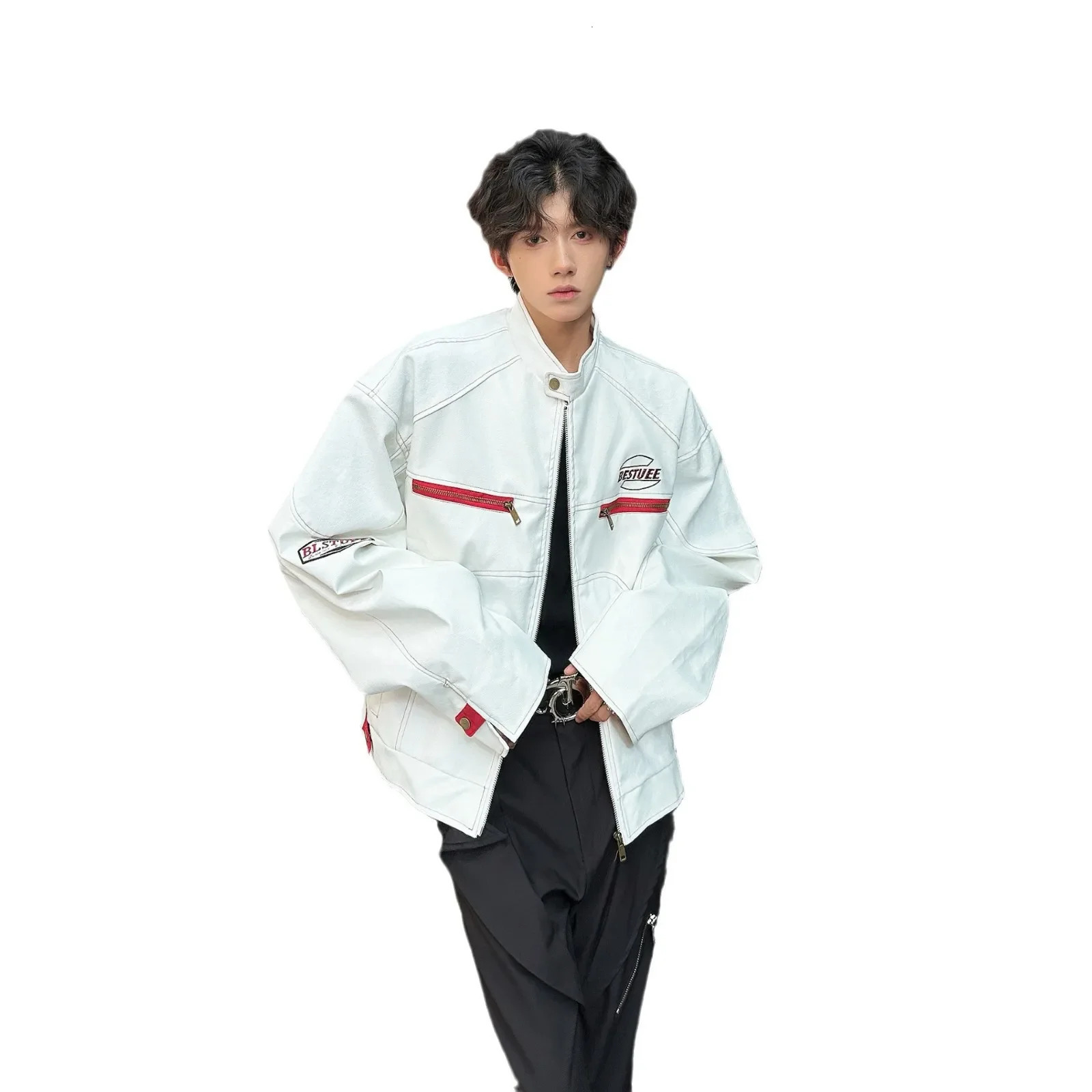Fashion American Style White Stand Collar Leather Jacket For Men And Women Spring Autumn Loose Casual Motorcycle Workwear Ca 250210