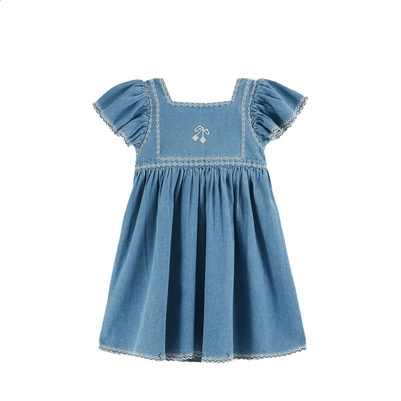 2025 Summer EM Fashion Girl Denim Dress Cute Embroidered Printed Jean Top and Shorts Pant Set Clothes Kids Princess Dresses 250218