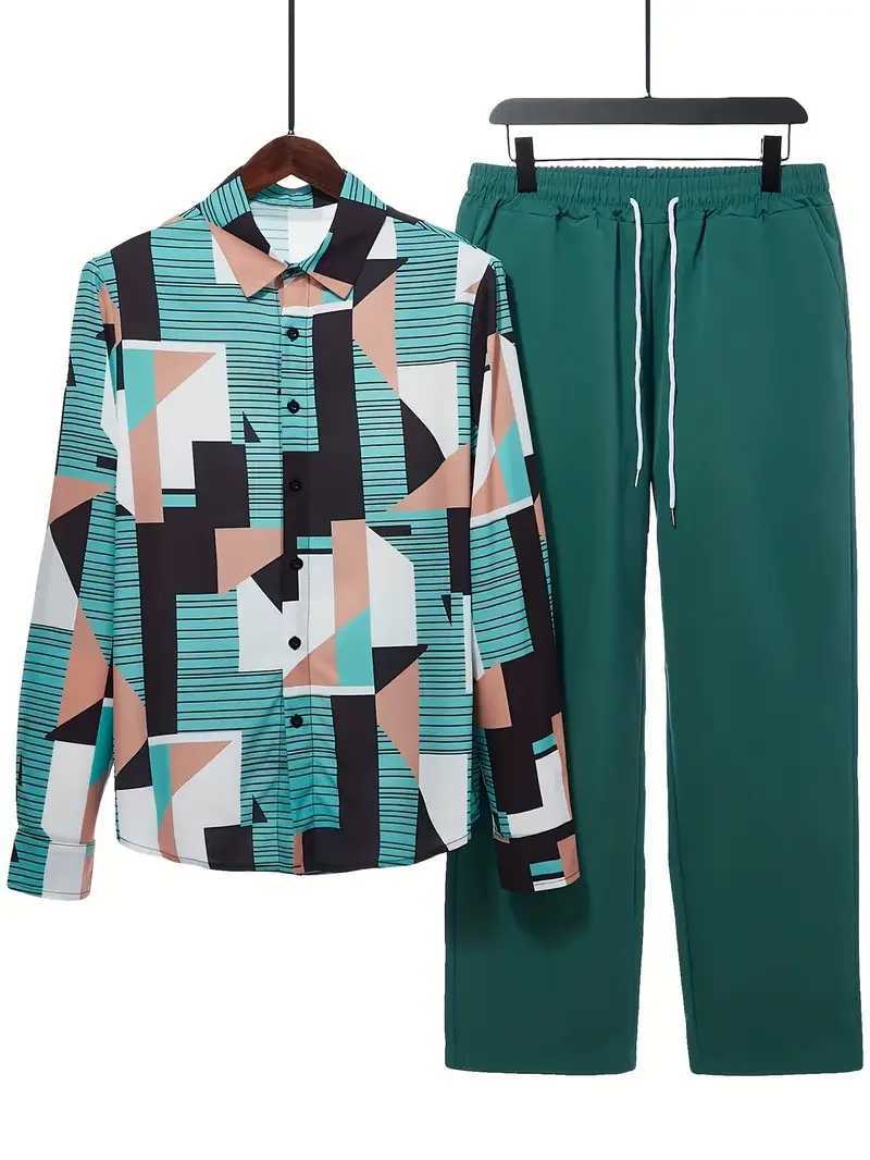 Long Sleeve Shirt Set Mens Geometric 3D Printed Button-up Shirt And Pants Set Mens And Womens Stylish Casual Simple SuitXJ250218