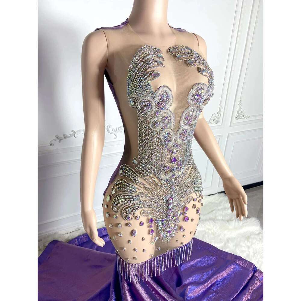 Sparkly Purple African American Long Prom Dresses For Black Girls Mermaid Beaded Crystals Women Party Evening Gown Customized