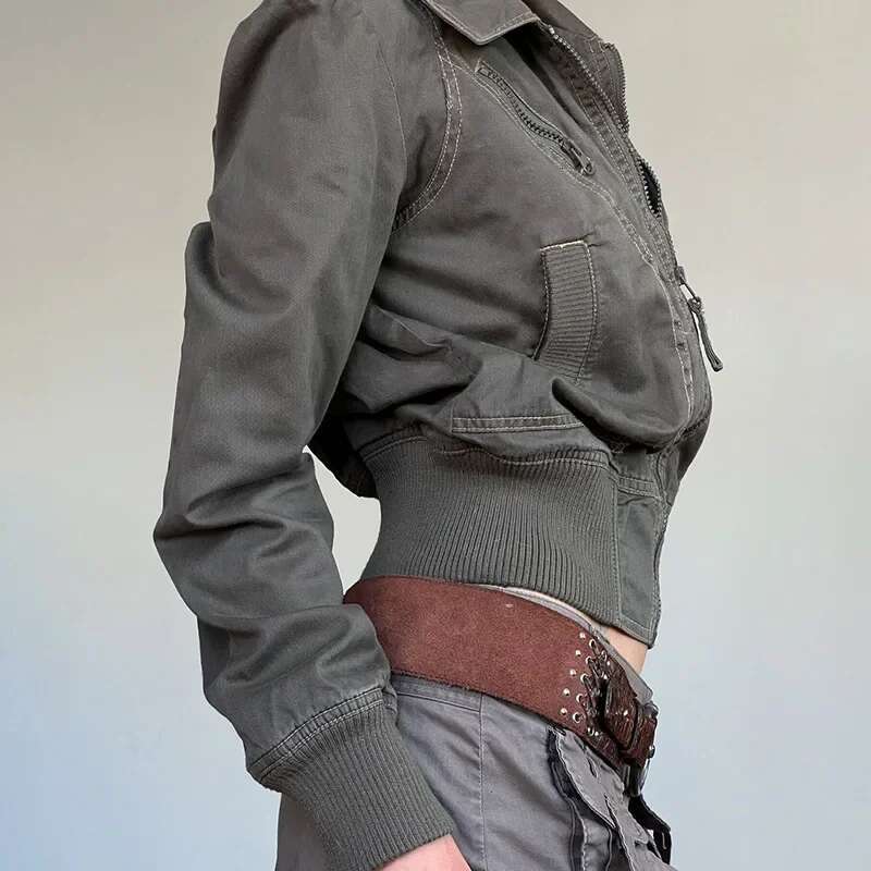 Retro Zipper Workwear Jacket Shortened Waist Flip Collar Patchwork Pocket Women's Clothing Standard Thickness NoEnName_Null