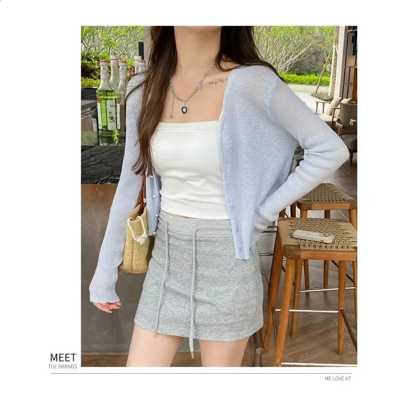 Green Ice Silk Sunscreen Knit Cardigan Outerwear Women Summer Suspender Skirt Outdoor Shawl Air Conditioning Blouse Top Thin 250217