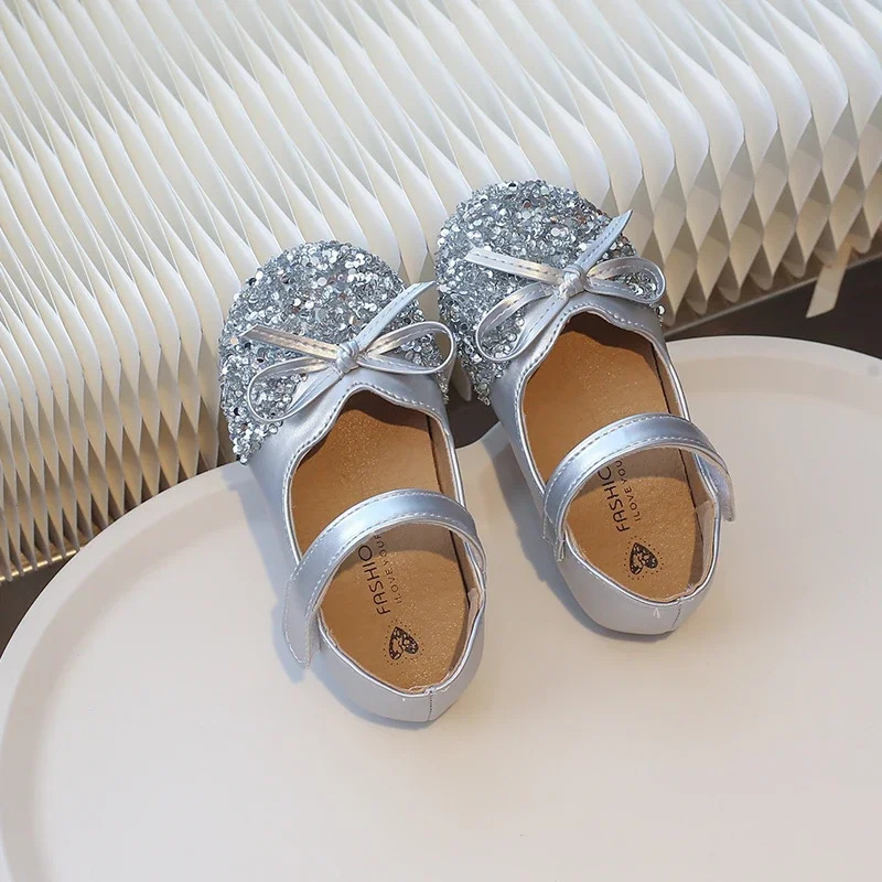 Kids Silver Ballet Shoes Sequins Versatile Girls Princess Leather Shoes Shallow Childrens Fashion Causal Flat Shoes Round-toe 250219