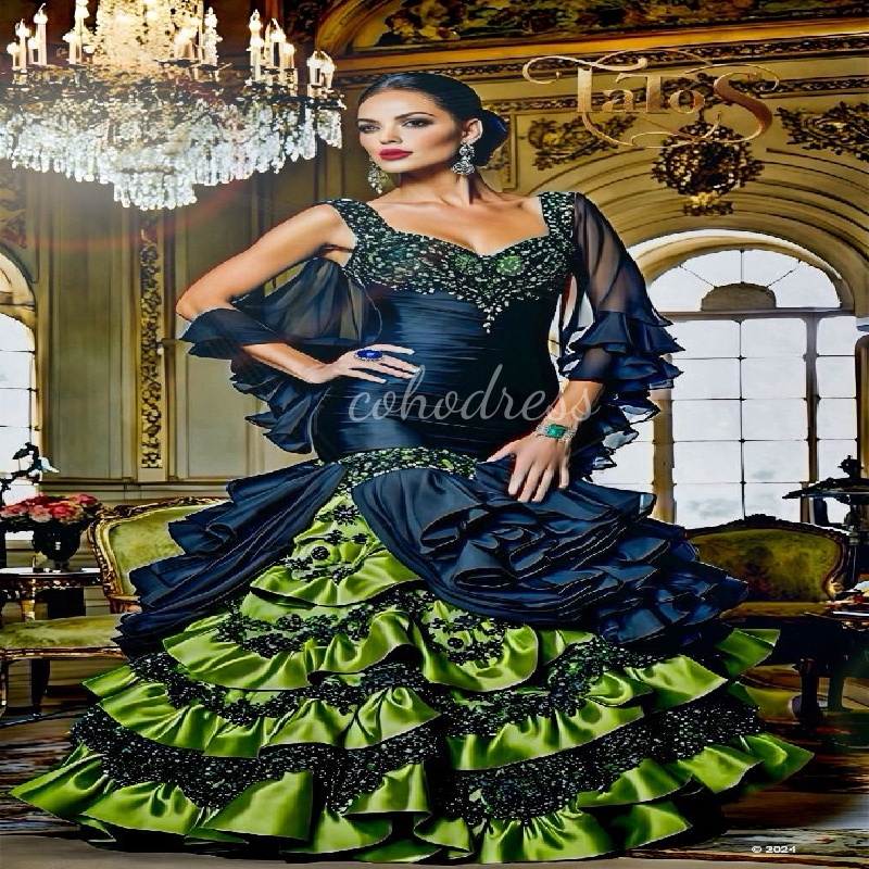 Luxury Carnival Women's Evening Dress Green And Navy Tiered Steampunk Theme Rococo Victorian 18th Century Prom Dress Formal Custom Made Mexican B
