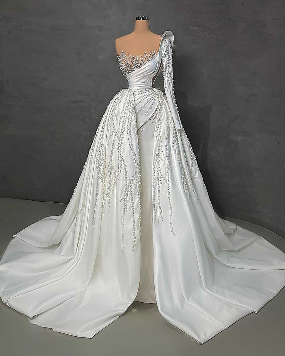Sexy Mermaid Wedding Dress Sheer Neck One Shoulder Long Sleeves Bridal Gowns Pearls Detachable Train Dresses Custom Made vestidos de novia