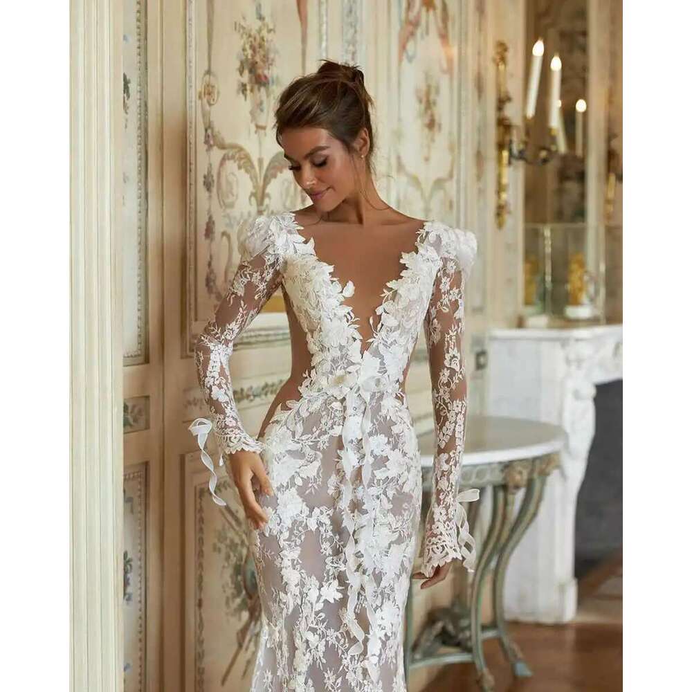 Princess Wedding Dress Mermaid V-Neck Appliques Lace Long Sleeve or-Length Elegant Bridal Gowns Vestido De Noiva Custom Made
