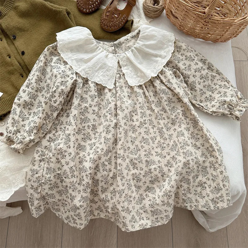 young deer Spring Korean Style Baby Girls Floral Printed Dress Embroidery Lace Toddlers Kids Cotton Princess Dresses 250219
