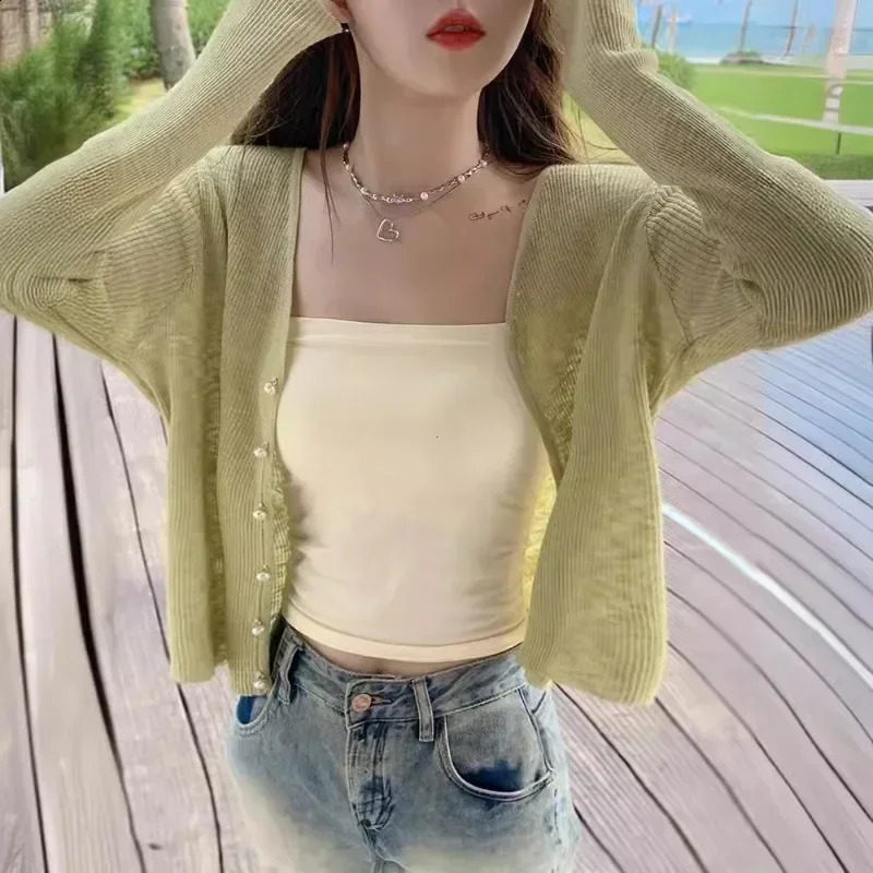 Green Ice Silk Sunscreen Knit Cardigan Outerwear Women Summer Suspender Skirt Outdoor Shawl Air Conditioning Blouse Top Thin 250217